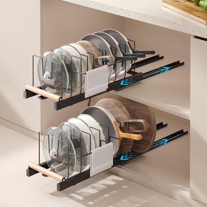 Magheo 2 Pack Pull Out Pots and Pans Organizer Under Cabinet, 22" Deep Expandable Pot Lid Organizer and Storage with 10 Adjustable Dividers Adhesive Pot and Pan Holder Rack with Handle Bracket(Black) - Image 1